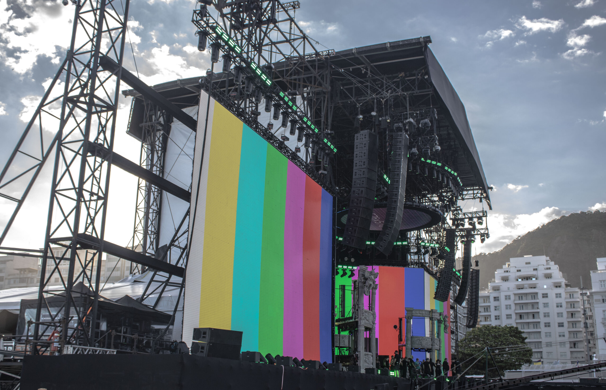 Close-up of LED lights and stage structure at Copacabana for Lady Gaga's concert